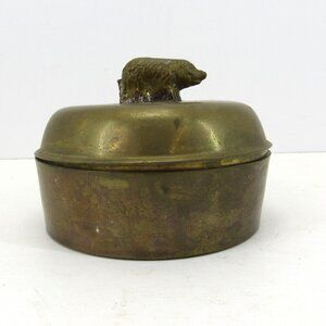 Vintage Brass Round Lidded 2" by 3 3/4" Trinket Dish With Pig Handle